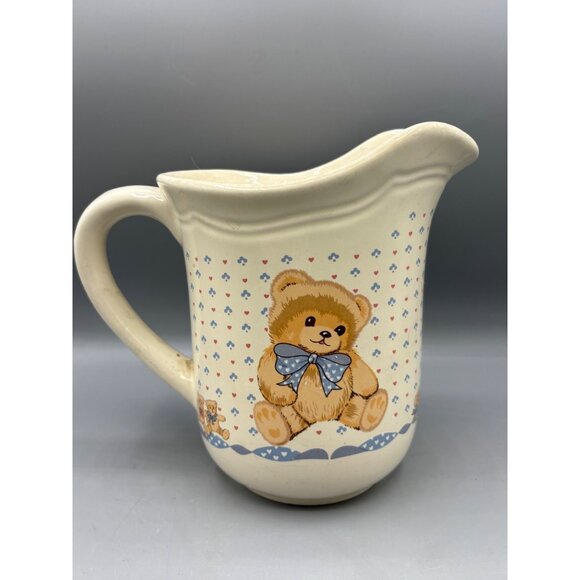 Vtg 80s Teddy Bear Hearts‎ Ceramic Pitcher Country - Picture 1 of 7